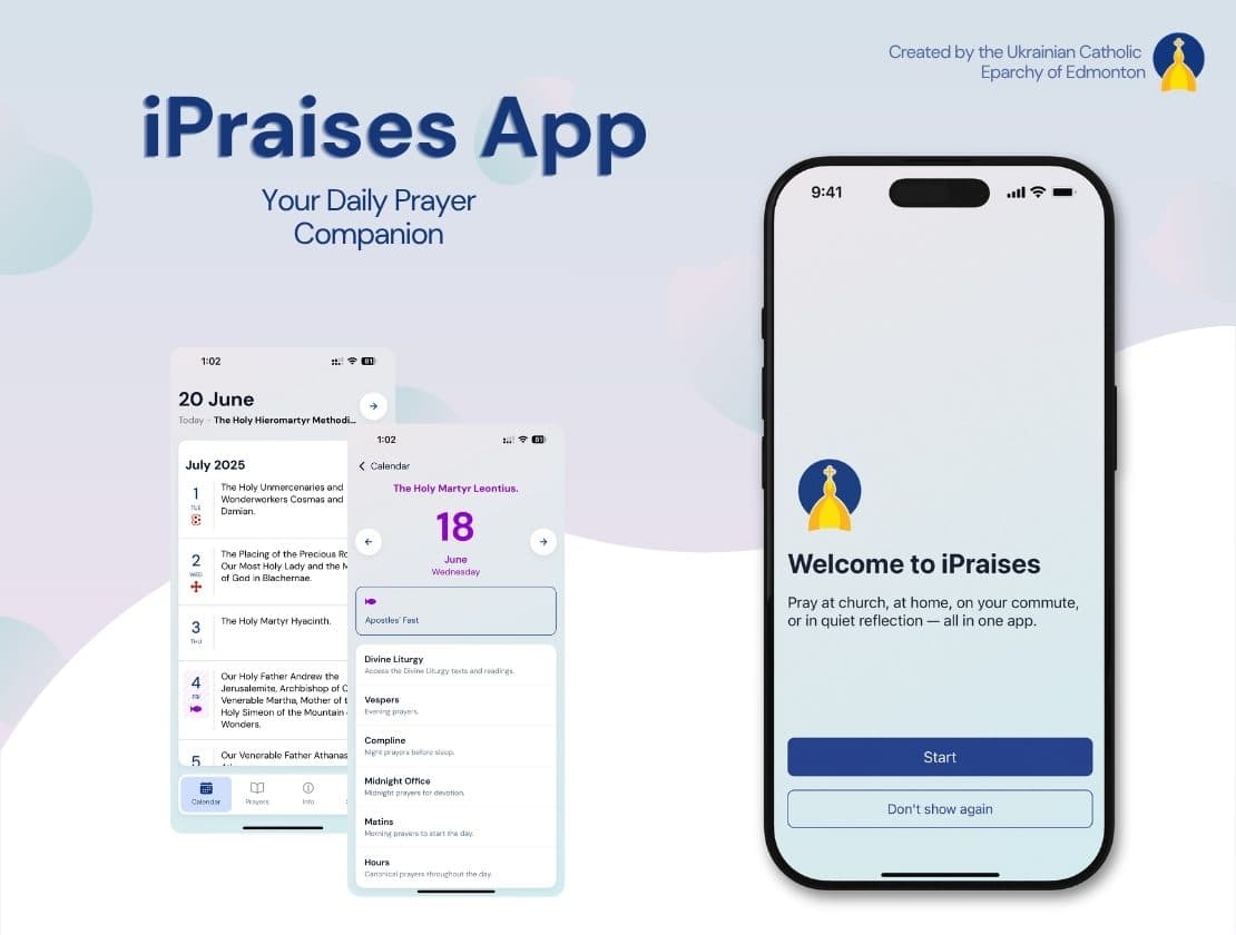 iPraises welcome screen beside Byzantine calendar and daily prayer navigation previews